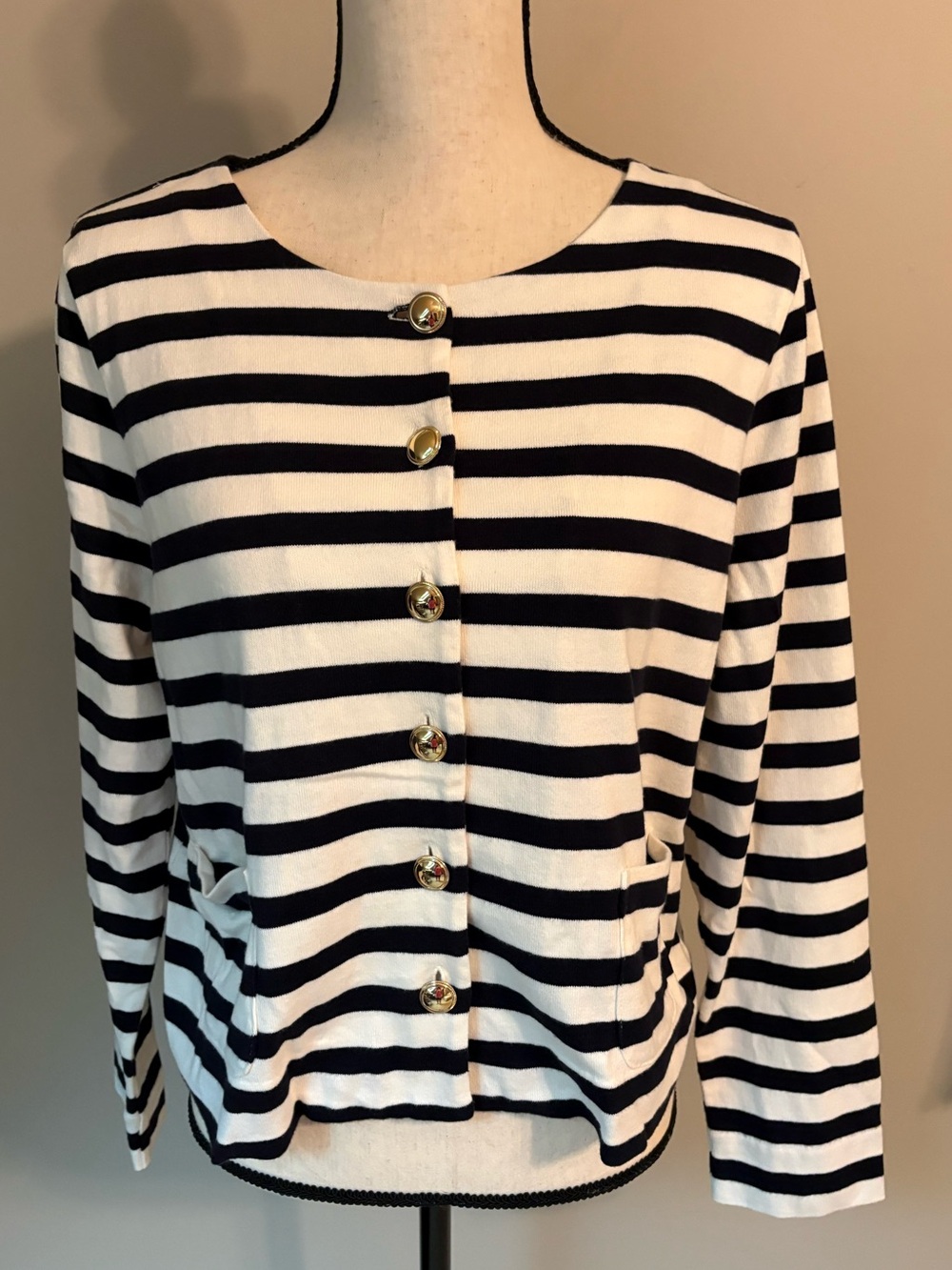 Talbots Navy and White Striped Button Front Cardigan | Women's L Petite